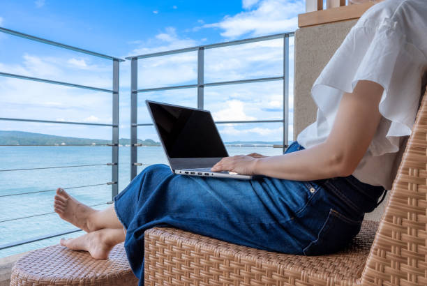 istock Asian woman working while traveling 1415154736