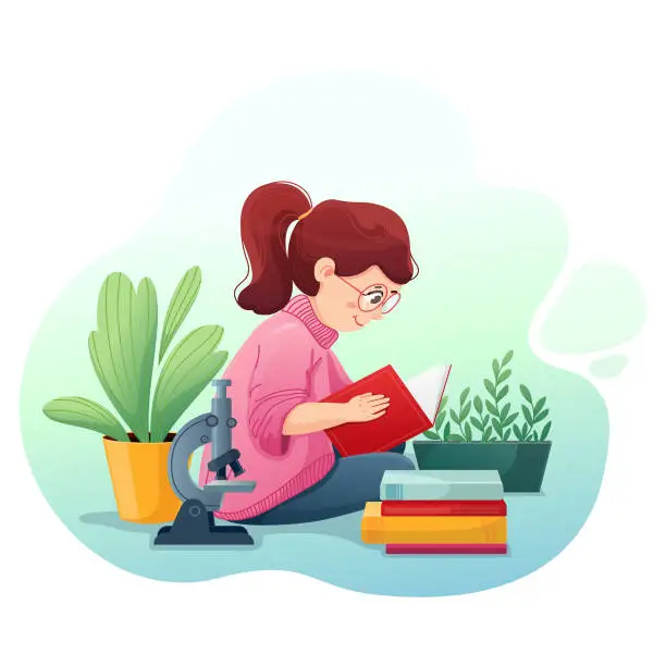 Vector illustration of The girl is reading a book. Vector colorful illustration on the theme of children learning.