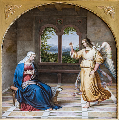 ancient painting of the annunciation, Helsinor, Denmark, may 14, 2021