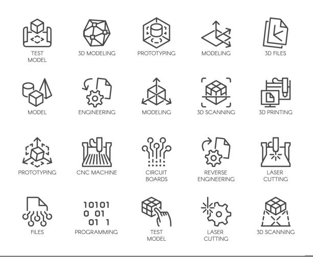 프리미엄 아이콘은 엔지니어링, 제품 개발 및 제작에 팩입니다. 이러한 라인 표지판은 프로토타이핑, 3d 모델링, 3d 스캐닝과 같습니다. 웹 및 앱용으로 설정된 벡터 아이콘 개요 편집 가능한 획 - 예술가의 모델 stock illustrations