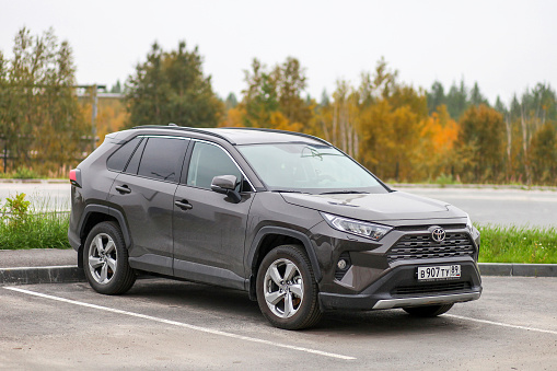 Novyy Urengoy, Russia - September 1, 2020: Modern urban crossover Toyota RAV4 in the city street.