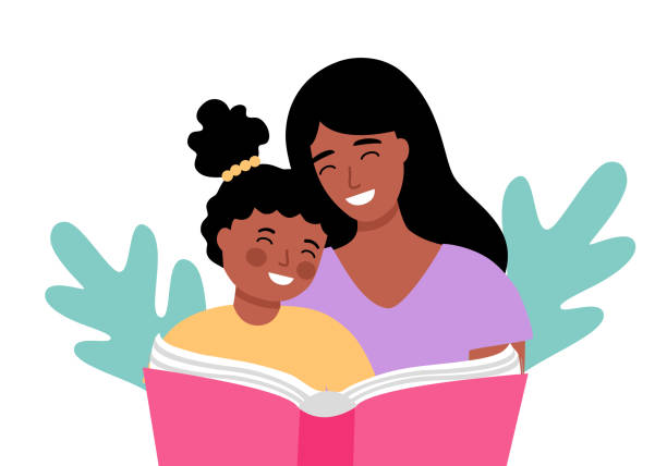 ilustraciones, imágenes clip art, dibujos animados e iconos de stock de madre e hija africanas leyendo libro juntos en diseño plano sobre fondo blanco. - child book reading offspring