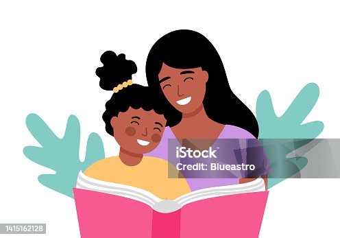 istock African mother and daughter reading book together in flat design on white background. 1415162128