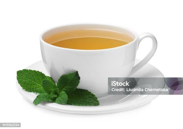 Cup Of Aromatic Green Tea With Fresh Mint On White Background Stock Photo - Download Image Now