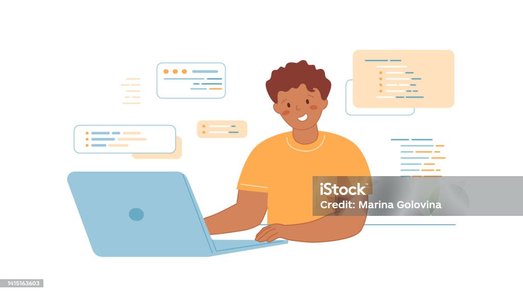 Learning Code Portrait Boy Sitting With Laptop And Learning Programming Language Kids Coding ...