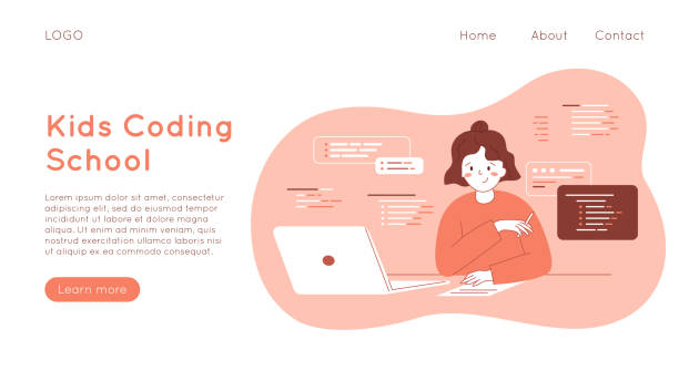 Kids coding school banner with girl sitting with laptop and learning programming language. Digital education concept. Web page with text, schoolchildren, graphic code. Vector smart illustration. girls coding stock illustrations