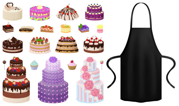 ilustrações, clipart, desenhos animados e ícones de roupas de chef ao lado de bolos. roupa protetora, avental para cozinhar perto de ícones de produtos de padaria - personal accessory apron bakery cake