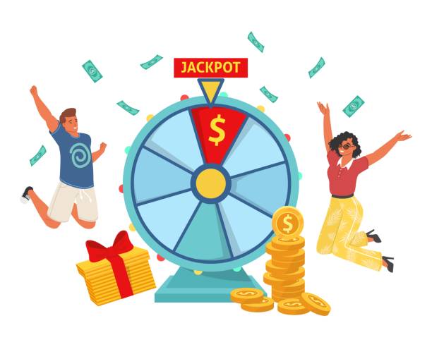illustrazioni stock, clip art, cartoni animati e icone di tendenza di jackpot premio ruota che gira e persone felici - wheel incentive award spinning