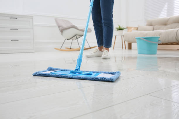 donna che pulisce il pavimento in parquet con la scopa a casa, primo piano - chores wood wet indoors foto e immagini stock