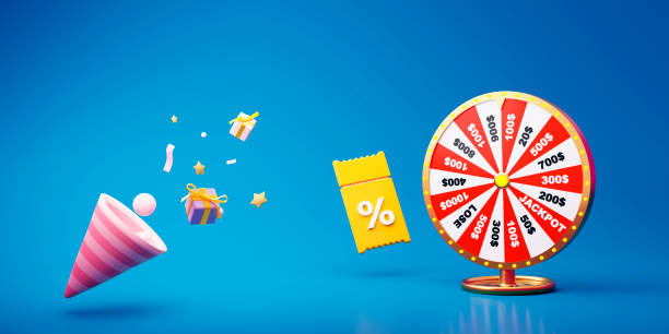 3d spinning fortune, coupon e popper con stelle volanti, regalo e coriandoli su sfondo blu. roulette fortunata 3d realistica. progettazione di concept di gioco d'azzardo. casinò online. illustrazione di rendering 3d. - wheel incentive award spinning foto e immagini stock