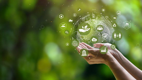 Concepto de icono ESG. Medio ambiente, sociedad y gobernanza. Energía de gas natural negocio sostenible y ético en conexión de red en fondo verde. photo