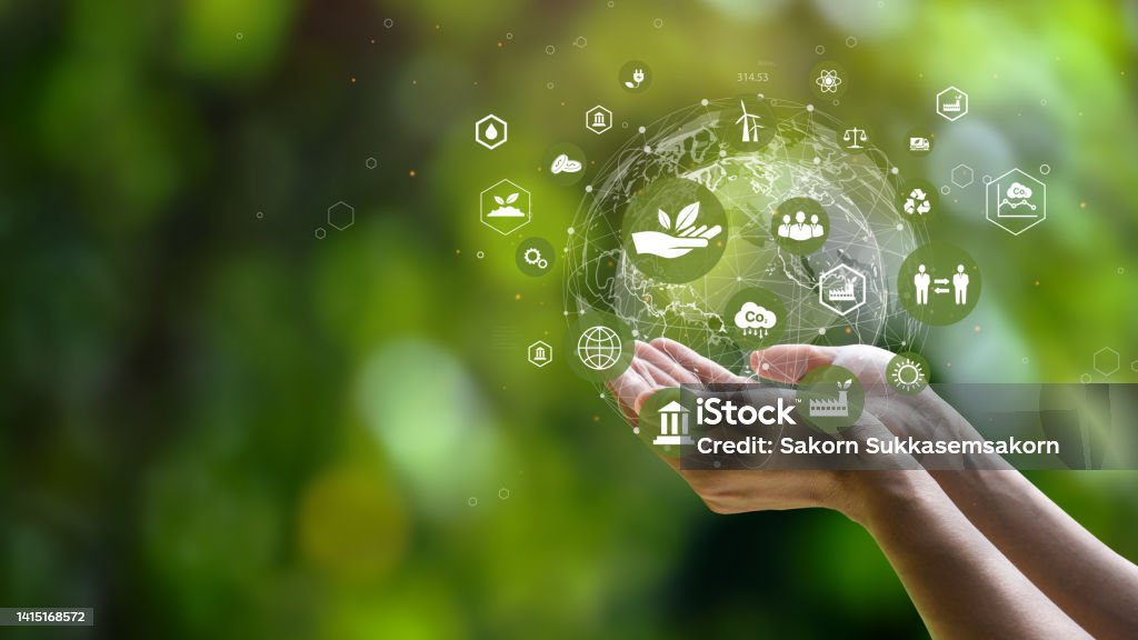 ESG icon concept. Environment, society and governance. Energy of natural gas sustainable and ethical business on network connection on green background. Sustainable Resources Stock Photo