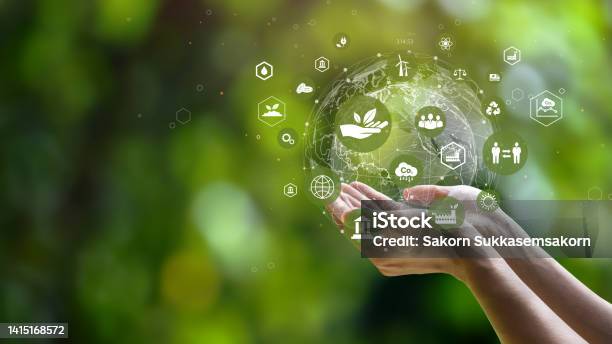 Esg Icon Concept Environment Society And Governance Energy Of Natural Gas Sustainable And Ethical Business On Network Connection On Green Background Stock Photo - Download Image Now
