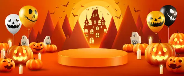 Vector illustration of Halloween Product display stage for presentation. Halloween pumpkins and Ghost Balloons on orange with moon ligt and castle silhouette background. Website spooky or banner template