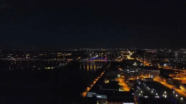 A drone Photograph of Magdeburg at night