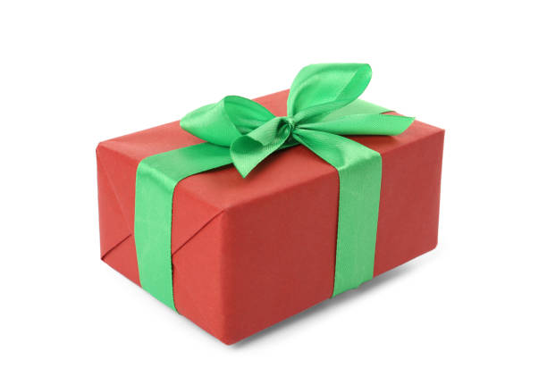 istock Red gift box with green bow isolated on white 1415173006