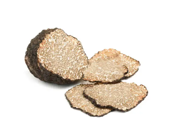 Cut fresh black truffle isolated on white