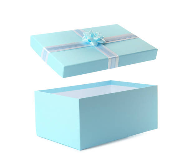 istock Light blue gift box and lid with bow on white background 1415173463