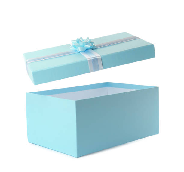 istock Light blue gift box and lid with bow on white background 1415173647