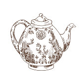 istock Hand drawn sketch illustration. Vector monochrome vintage porcelain teapot. Suitable for postcard, calendar, holiday invitation, wrapping paper. 1415173938