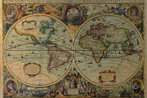 world map by h. hondius 1630 - ancient world imagens e fotografias de stock