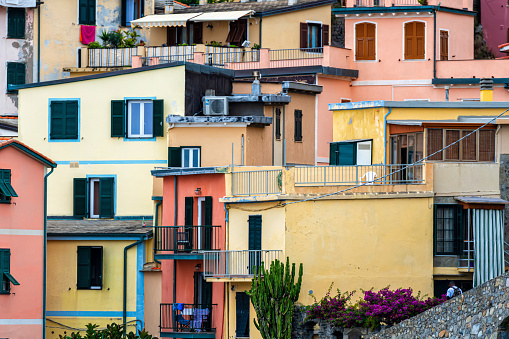 Scenic view of colorful houses in Cinque terre village Riomaggiore, Manarola, Italy