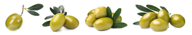 istock Set with fresh green olives on white background. Banner design 1415177400