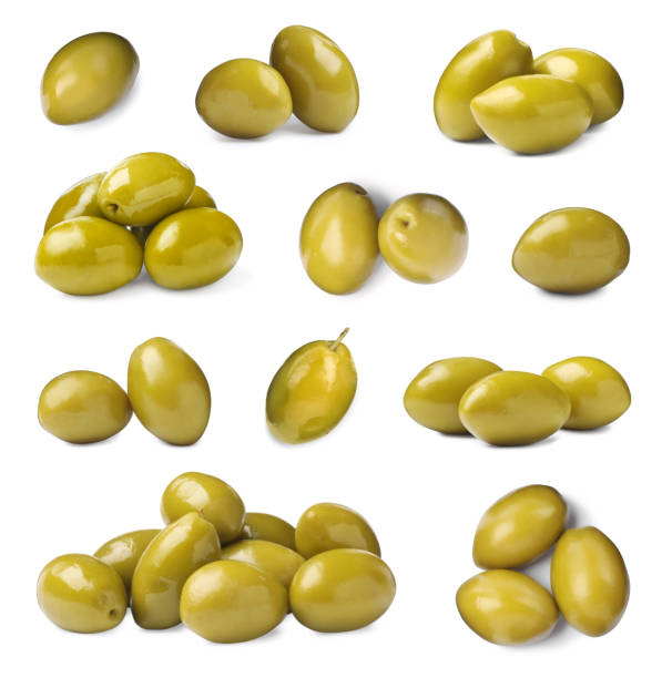 istock Set with fresh green olives on white background 1415177412