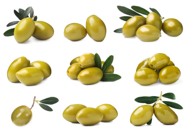 istock Set with fresh green olives on white background 1415177447