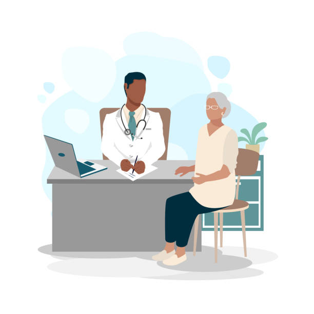 doctor and patient Elderly woman at the doctor's office. Doctor and patient. Thank you doctors and nurses. Vector illustration in a flat style. melancholy computer support specialist stock illustrations