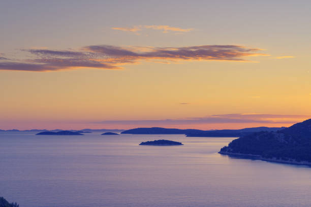 Islands of Kornati national park, aerial view of Adriatic archipelago at sunset stock photo