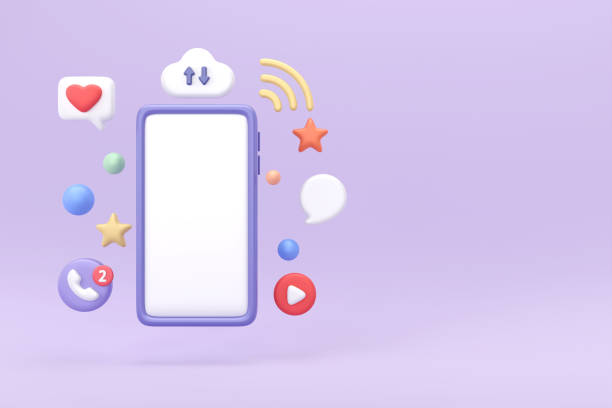 istock Smartphone with social media technology. 3d open smartphone with cloud of application icons, isolated purple background, 3d rendering 1415183444
