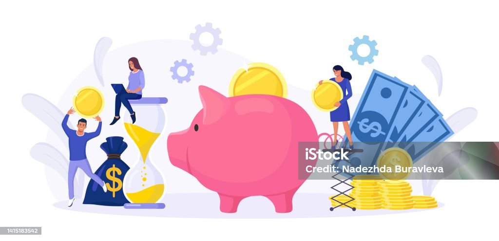 Orangorang Memasukkan Koin Dolar Ke Celengan Tumpukan Koin Emas Dan
