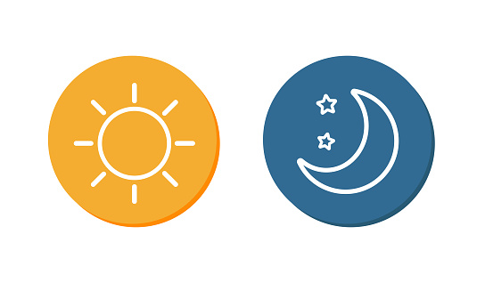 Day and night icon. Sun on orange background. Moon and stars in midnight. Vector illustration