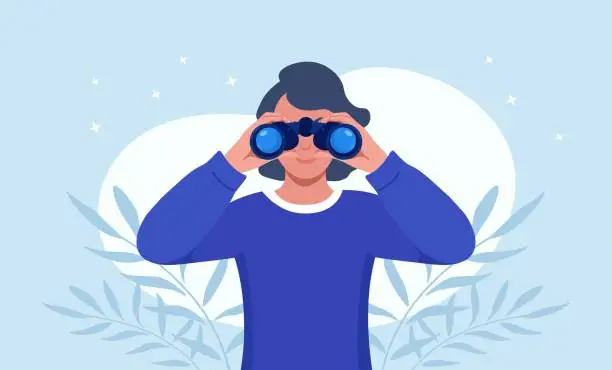 Vector illustration of Happy woman holding huge binocular and looking far ahead. Girl is watching someone closely. Observation, discovery, future concept