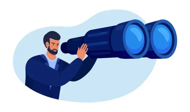 Vector illustration of Man looking through big binoculars far ahead, looking for something. Person is watching someone closely. Boy is traveling with field glasses