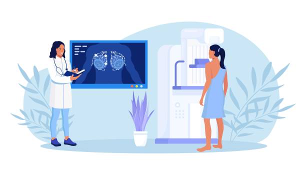 patientin bekommt brust-screening-test, mammographie auf röntgengerät. arzt onkologe diagnose onkologie, brustkrebs. mammographie fluorographie auf dem bildschirm. gesundheitsversorgung und ärztliche untersuchung - scientific imaging technique illustrations stock-grafiken, -clipart, -cartoons und -symbole