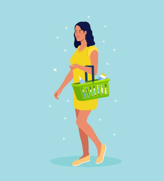 Young woman with shopping basket full of food and drinks in supermarket Young woman with shopping basket full of food and drinks in supermarket holding shopping basket stock illustrations