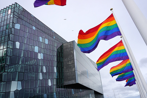 Iceland, Reykjavík, August 7th 2022 - Gay/ LGBTQ+ Pride Week, Harpa Concert Hall and rainbow flags, sky in background.