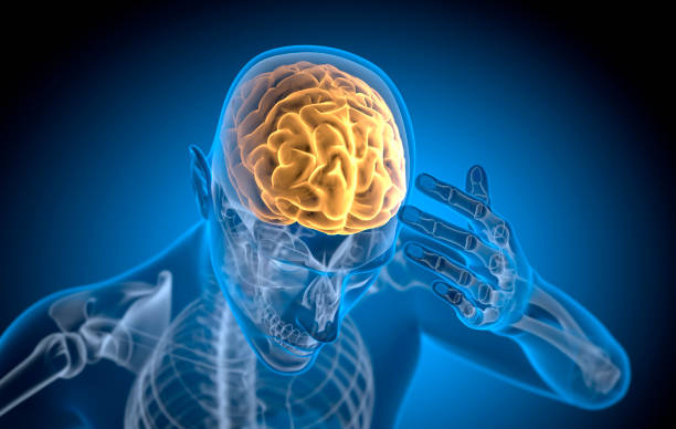 Headache - conceptual artwork - 3d illustration Man withHeadache or Migraine with dark blue background - Medical X Ray Illustration - 3D Rendering cerebrum stock pictures, royalty-free photos & images