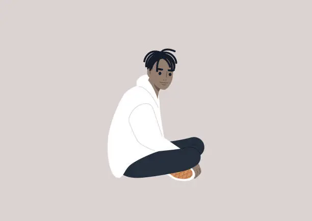Vector illustration of A young male African character sitting on the floor with their legs crossed
