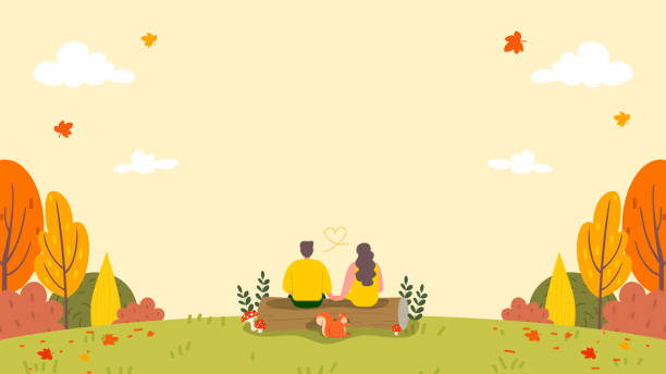 illustrations, cliparts, dessins animés et icônes de illustration vectorielle de fond d’automne. couple amoureux assis sur une bûche avec un paysage d’automne - camp hill