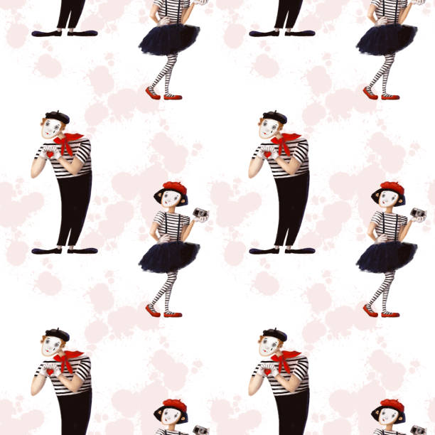 couple clown mime seamless pattern couple clown mime seamless pattern, watercolor style illustration, funny clipart with cartoon character good for wallpaper, print and background charades stock illustrations
