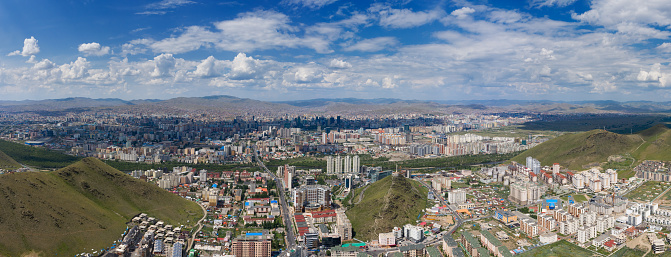 Aerial panorama view of Ulaanbaatar city and Memorial on Zaisan Tolgoi, Mongolia