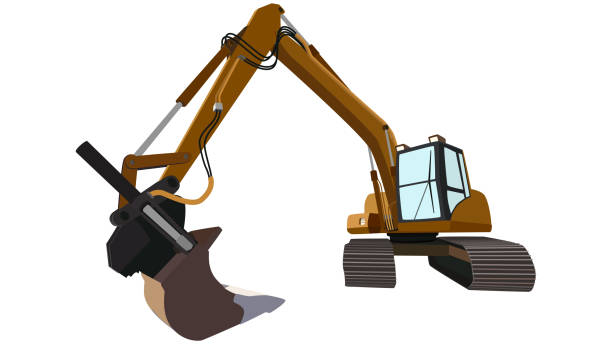 Colored excavator in perspective view isolated. Design element. Colored excavator in perspective view isolated. Vector design element. bagger stock illustrations