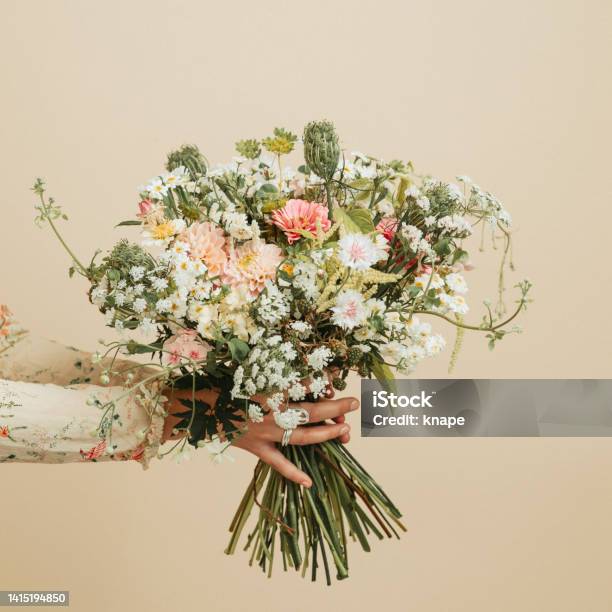 Woman Holding Bouquet Of Flowers Studio Shot Pastel Stock Photo - Download Image Now