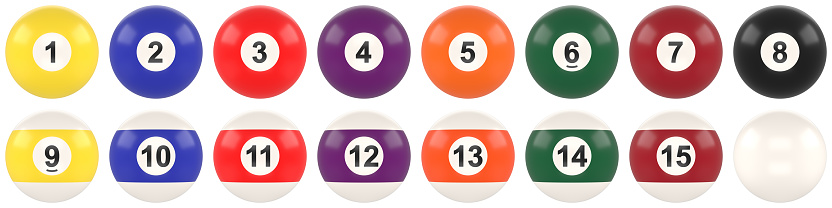 Pool balls with numbers collection isolated on white background. Realistic glossy snooker ball. Billiard ball set. Solids and stripes. Recreational sport. 3D rendering 3D illustration