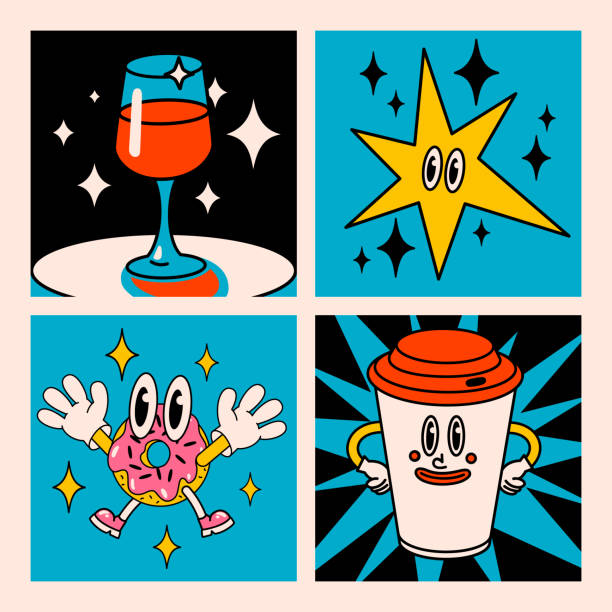 漫画ベクトル面白い漫画カード。クレイジー漫画抽象ベクターコレクション - coffee heart shape coffee cup cup点のイラスト素材／クリップアート素材／マンガ素材／アイコン素材