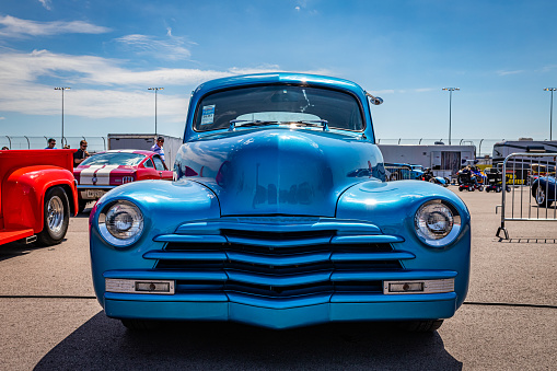 Lebanon, TN - May 13, 2022: Low perspective front view of a 1947 Chevrolet Fleetmaster Coupe at a local car show.