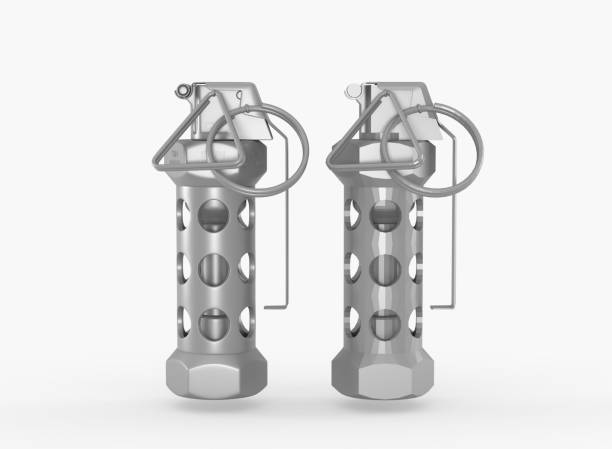 istock Flashbang grenades, explosive military weapon isolated on white background. Metal ammunition icons for game engine, mockup of equipment with detonator for destroying. Realistic 3d render set 1415197933